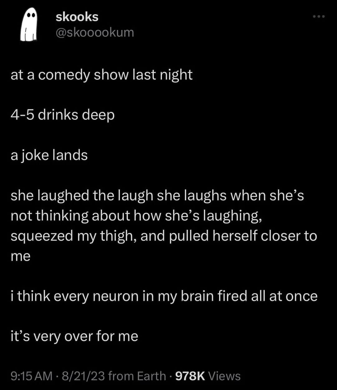 A black-background text post from a user named 'skooks' detailing a drunken comedy show encounter where a woman's…