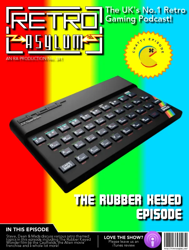 A podcast cover for 'Retro Asylum' featuring a black ZX Spectrum computer with rubber keys against a rainbow background. The…