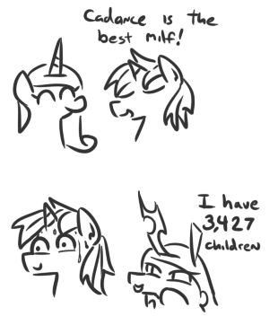 A hand-drawn, black-and-white comic strip featuring two cartoon pony characters. In the top panel, one pony with a horn and…