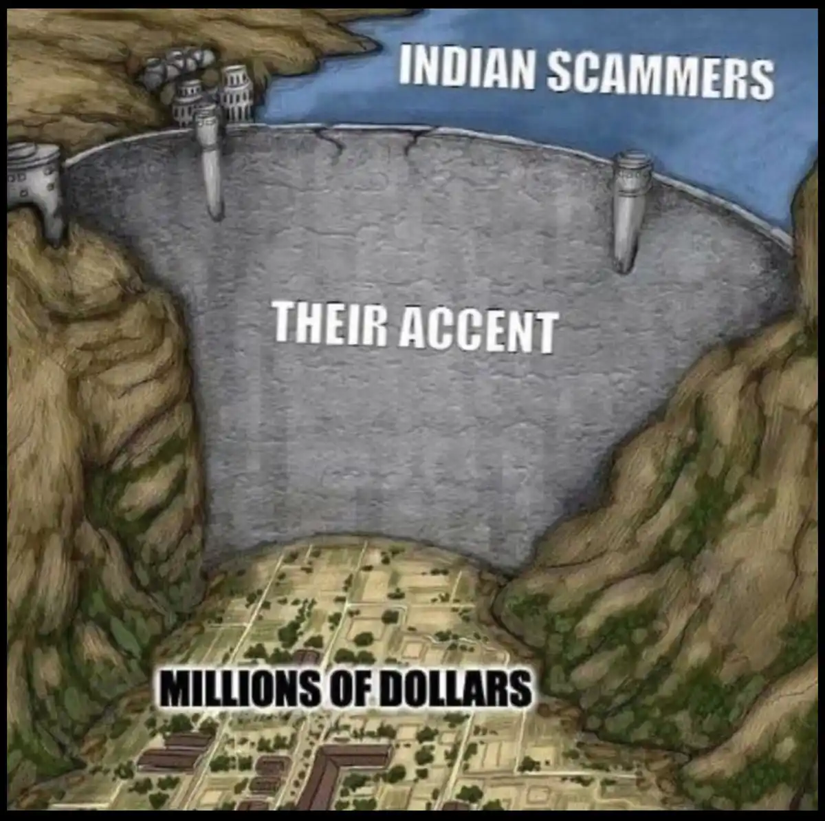 An illustration of a dam with text overlaid: 'INDIAN SCAMMERS' at the top, 'THEIR ACCENT' across the dam's body, and…