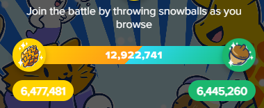 A screenshot from a game interface showing a battle with two teams, each with a snowball icon and a large number indicating…