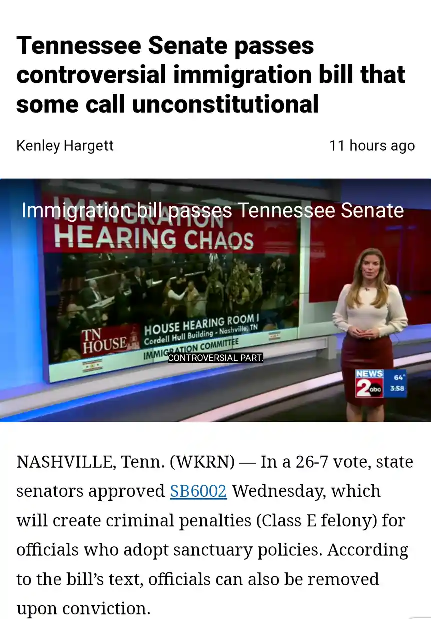 A news anchor stands in front of a screen showing a chaotic immigration hearing in Tennessee. The screen displays text…
