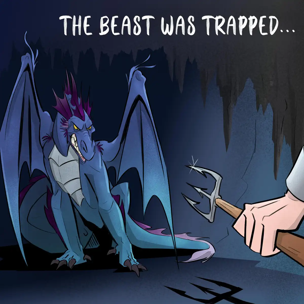 A blue dragon with purple spikes and wings is crouched in a dark cave, snarling at a hand holding a trident. The text at the…