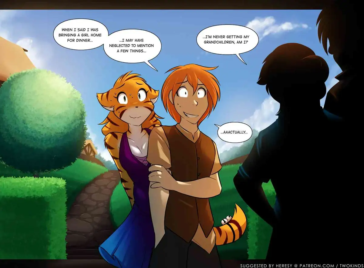 An anime-style comic panel shows a tiger-like woman in a purple dress and a human man in a brown vest standing together…