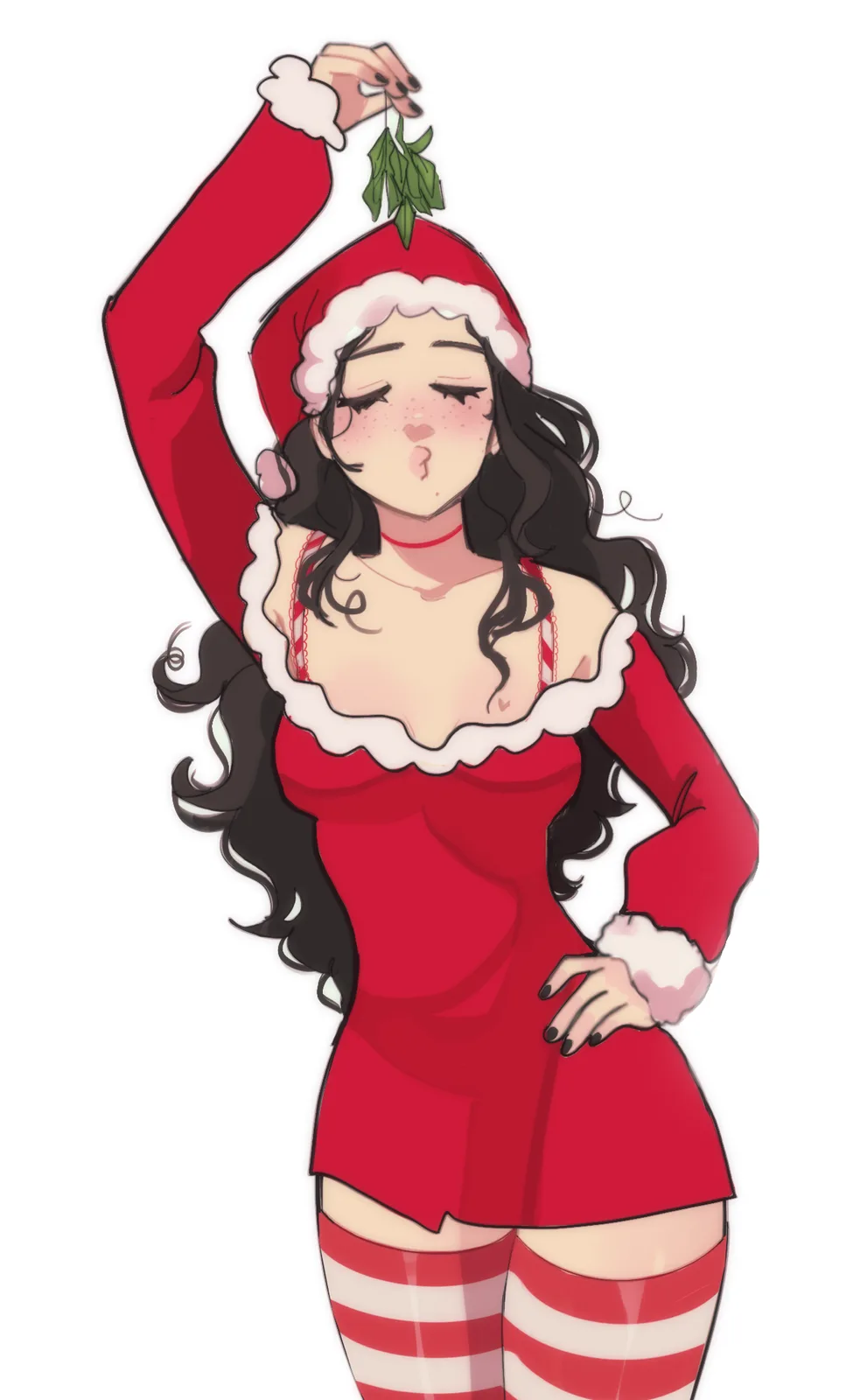 An anime-style illustration of a woman in a red Santa outfit with white trim, holding mistletoe above her head while…