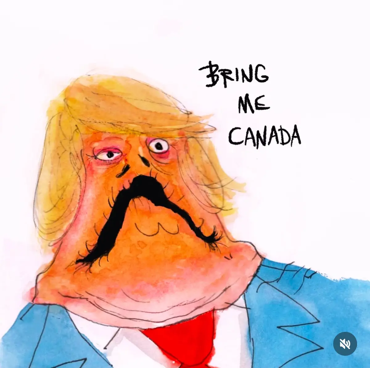 A watercolor-style cartoon depicts a man with exaggerated orange skin, a large black mustache, and blonde hair styled in a…