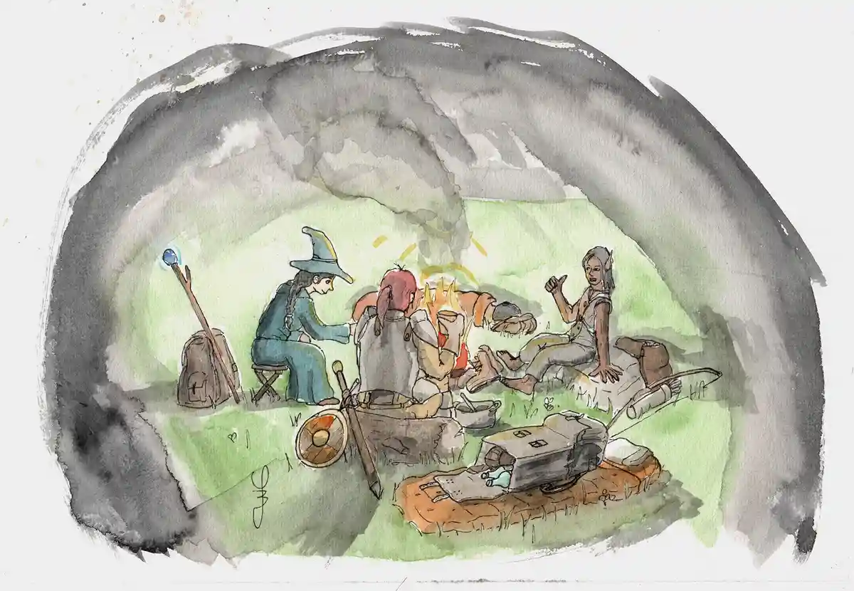 A watercolor illustration shows three fantasy adventurers — a wizard, a warrior, and an elf — sitting around a campfire…