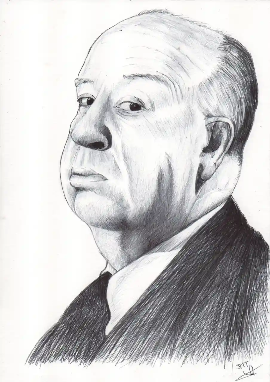 A detailed pencil sketch of a man in a suit and tie, shown in profile with a stern, unimpressed expression. The image has…