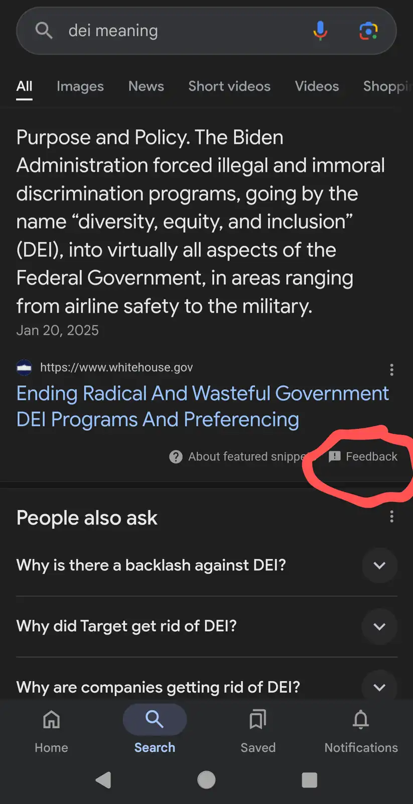 A screenshot of a Google search results page for 'dei meaning' shows a featured snippet from whitehouse.gov claiming the…