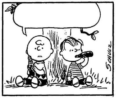 A six-panel comic strip shows two young boys sitting under a tree, one holding a telescope. In each subsequent panel, the…