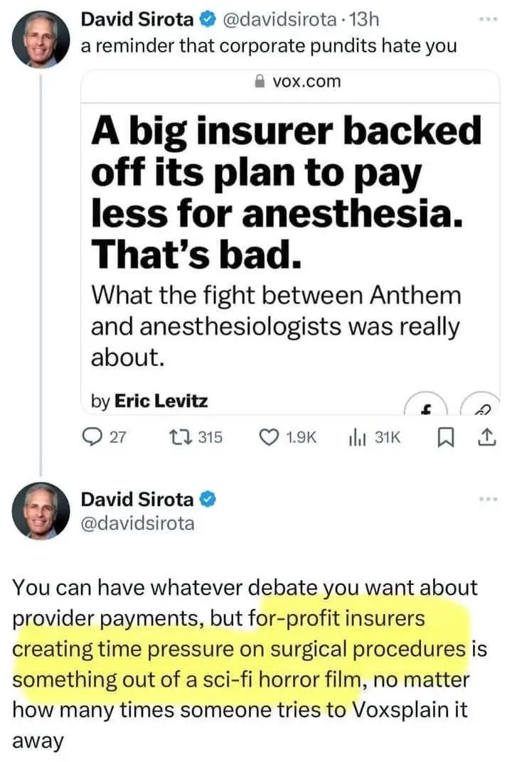 A screenshot of a Twitter thread by David Sirota shows a Vox article headline about an insurer backing off a plan to pay…