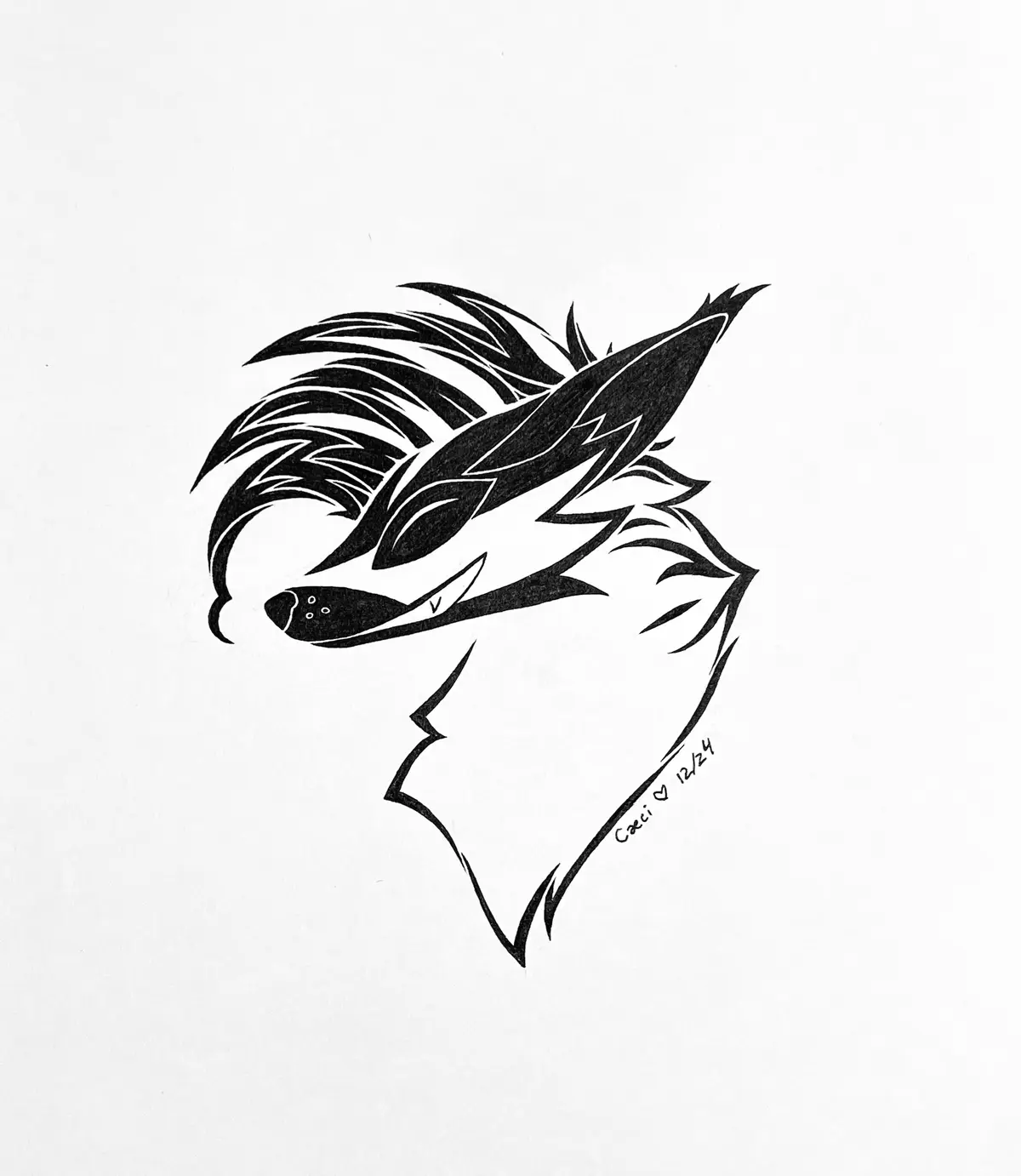 A black and white line drawing shows the side profile of a stylized animal head, likely a fox or wolf, with spiky…