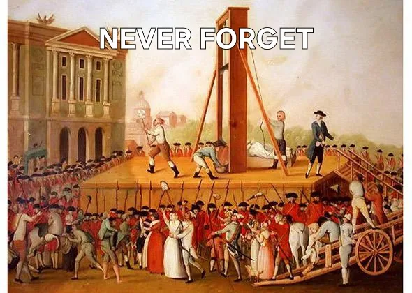 A historical painting depicts a public guillotine execution with a crowd of onlookers, soldiers, and officials surrounding…