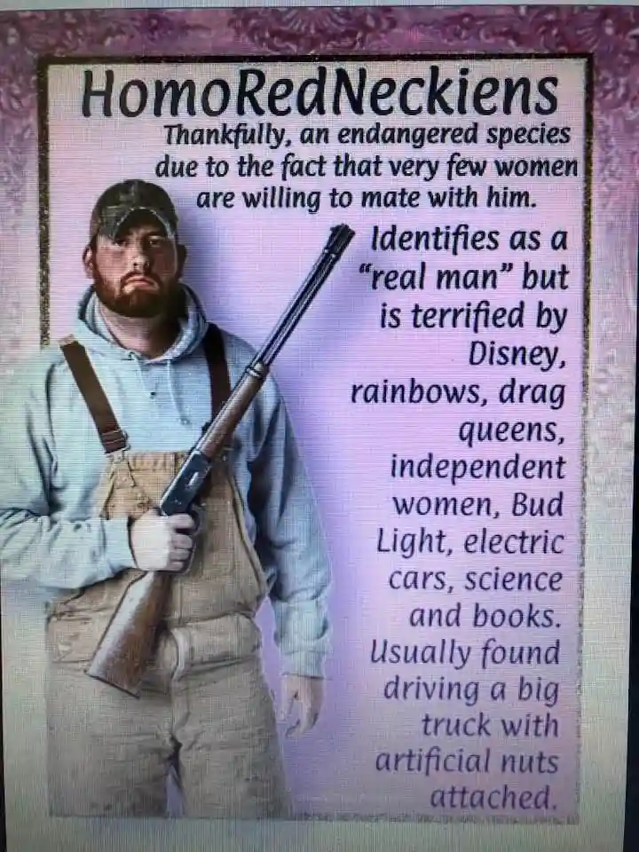 A man in a camouflage cap, beard, hoodie, and overalls holding a rifle stands beside text defining 'HomoRedNeckiens' as an…