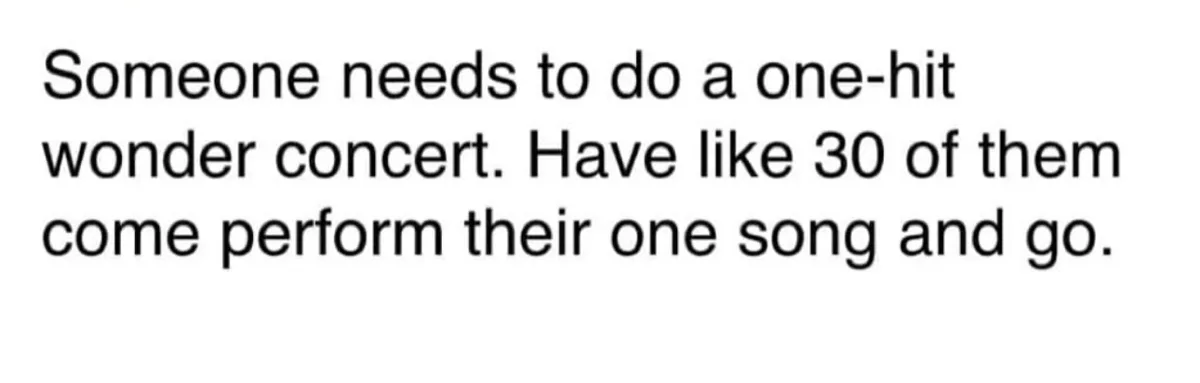 The image is a plain white background with black text that reads: 'Someone needs to do a one-hit wonder concert. Have like…