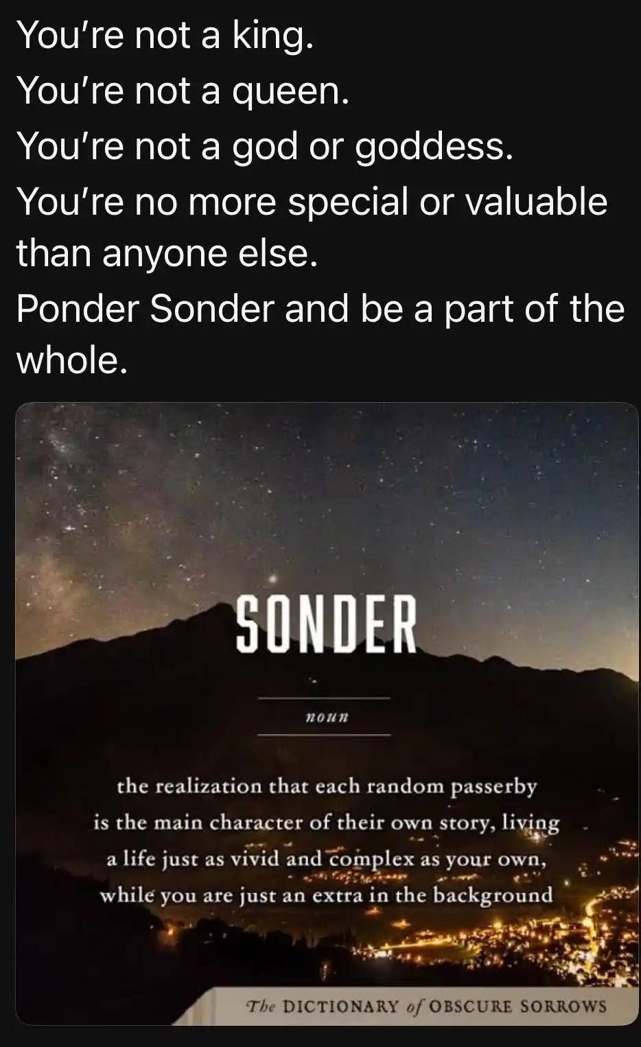 A dark, starry night sky over mountains with a town lit below, overlaid with white text defining 'SONDER' as 'the…