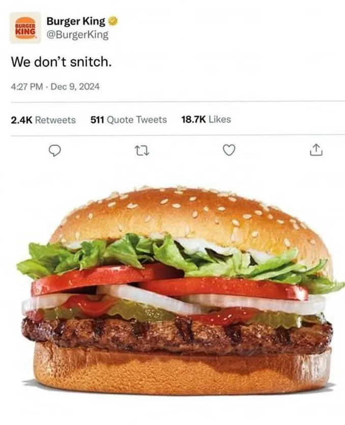 A screenshot of a Burger King Twitter post from December 9, 2024, showing a close-up photo of a sesame seed bun burger with…