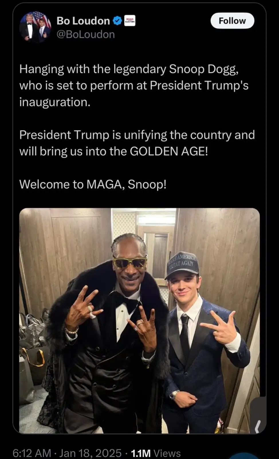 A screenshot of a social media post by Bo Loudon showing a photo of Snoop Dogg and a young man in suits posing with peace…