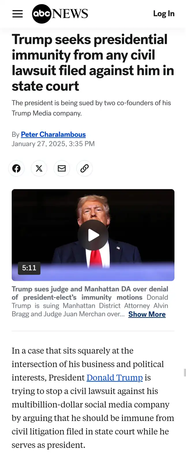 An abcnews.com article screenshot shows a headline about Donald Trump seeking presidential immunity from civil lawsuits…