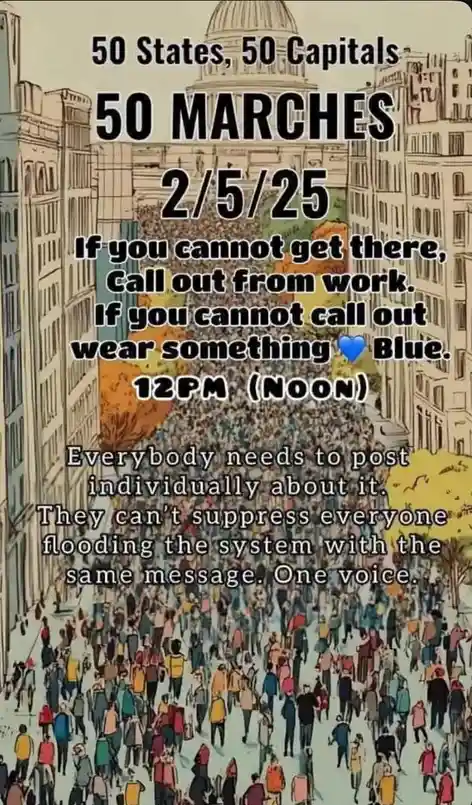 An illustrated image depicts a massive crowd of people marching down a city street toward a domed capitol building. Overlaid…