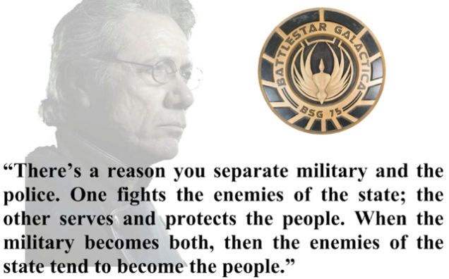 A grayscale image of a man in profile with glasses, next to the Battlestar Galactica BSG 15 logo. Overlaid text quotes a…