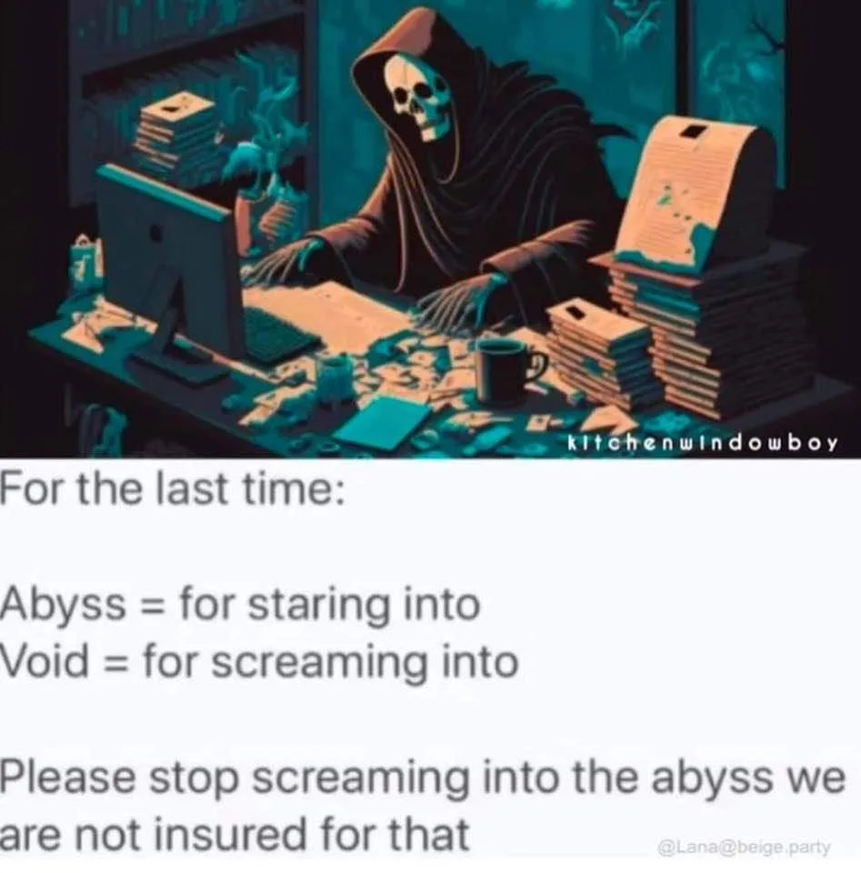A skeletal figure in a dark hooded robe sits at a cluttered desk surrounded by stacks of papers and a computer, appearing to…