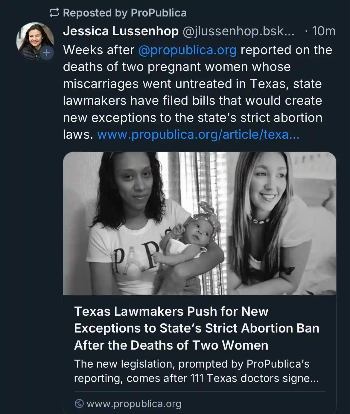 A black-and-white photo shows two women, one holding a baby, juxtaposed with a news headline about Texas lawmakers pushing…