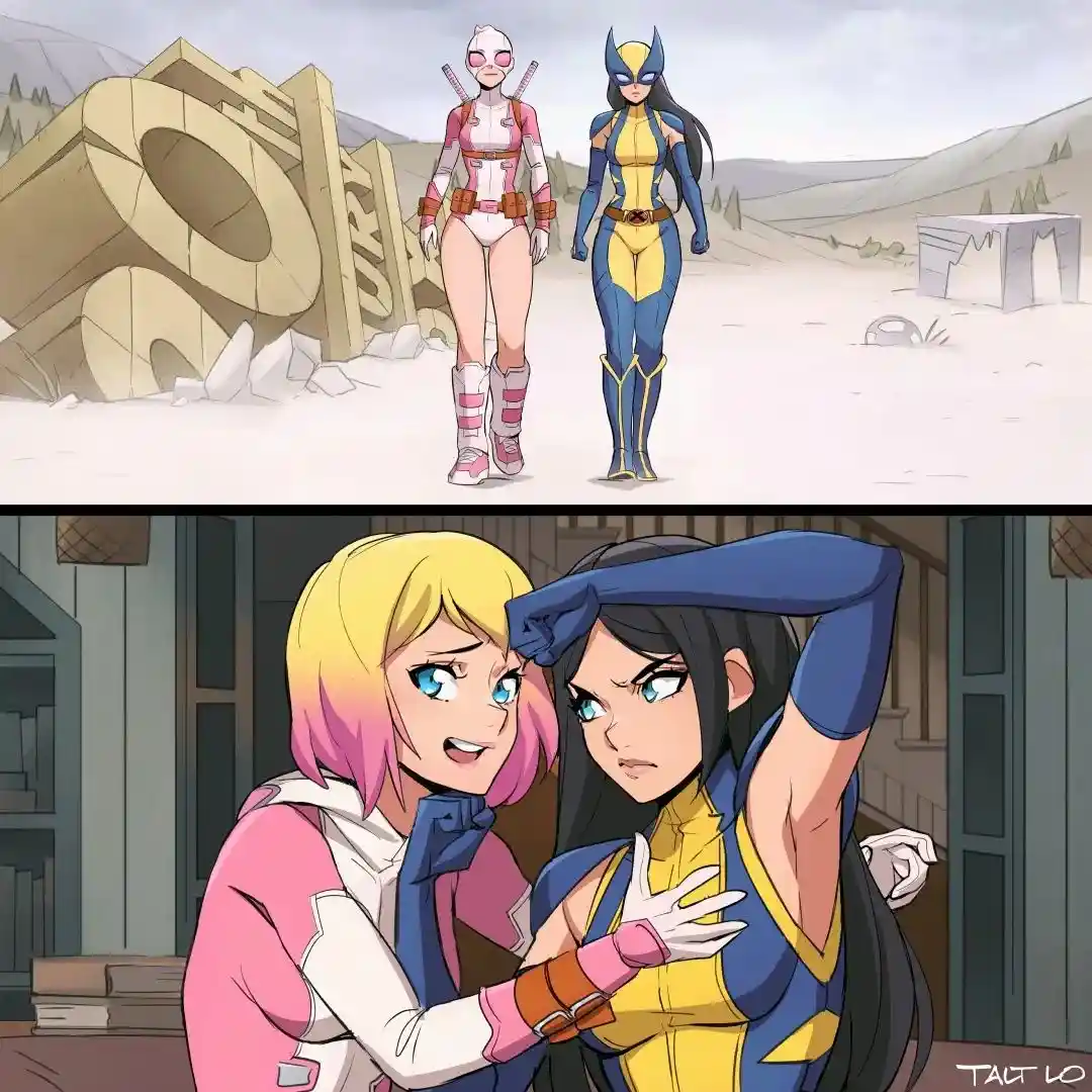 The top panel shows two female superheroes, one in pink and white and the other in blue and yellow, standing in a desolate…