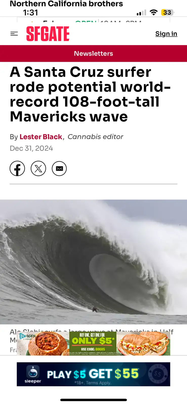 A screenshot of an SFGATE news article shows a surfer riding a massive, curling ocean wave. The headline reads 'A Santa Cruz…
