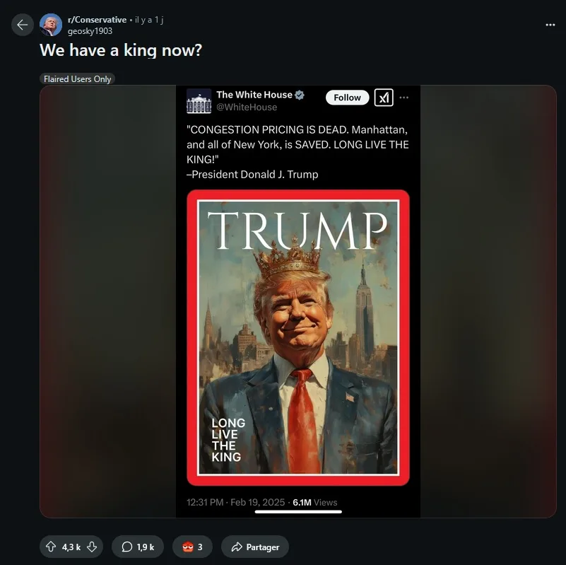 An image shows a stylized portrait of Donald Trump wearing a crown, set against a New York skyline, with the word 'TRUMP' in…