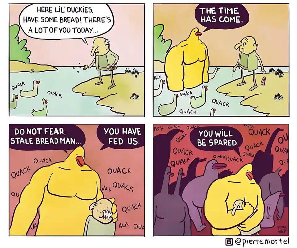 A four-panel comic shows a man feeding ducks bread. One duck grows to giant size, then speaks to the man. The giant duck…