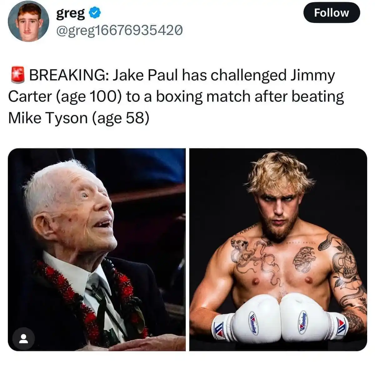 The image displays a side-by-side comparison: on the left, an elderly man with white hair, wearing a suit and red lei…