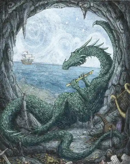 A large green dragon with spiky scales sits inside a rocky cave, playing a wooden flute. Outside the cave opening, a small…
