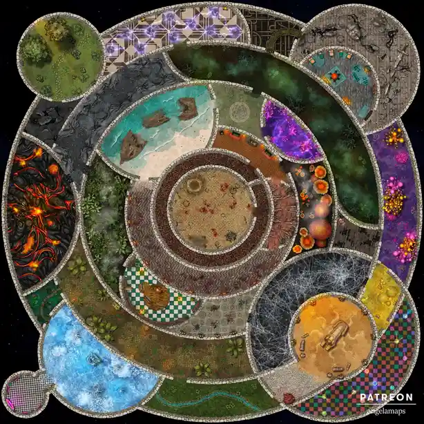 A top-down fantasy dungeon map shaped like a bear, divided into multiple circular rooms featuring diverse environments like…