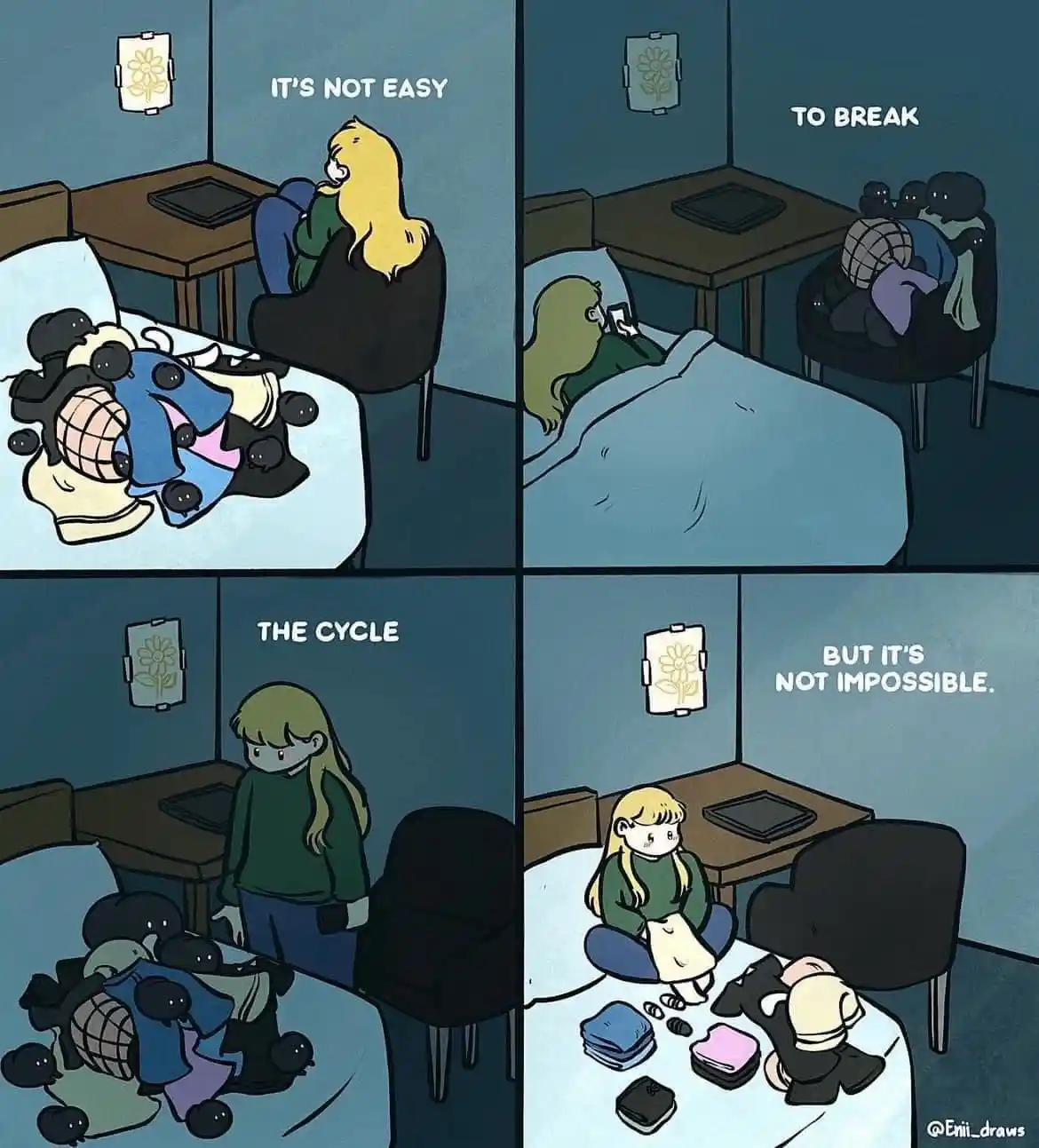 A four-panel comic depicts a person struggling with clutter and self-care. In the first panel, they sit in a chair while a…