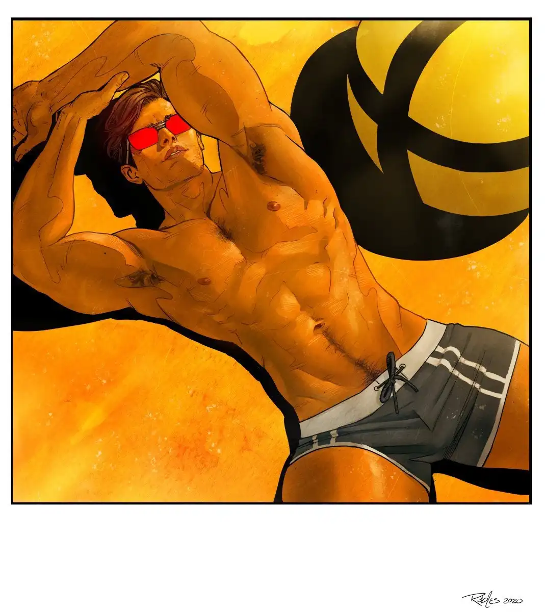 A muscular, shirtless man with red sunglasses and dark shorts poses confidently against a golden-yellow background, with a…