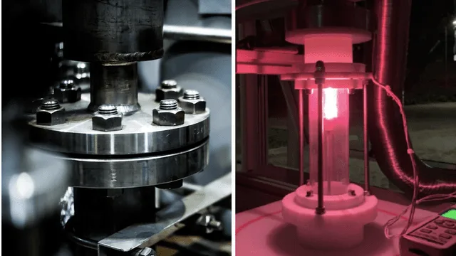 The image is a split-screen comparison: left side shows a heavy-duty industrial press with bolts and metal components under…