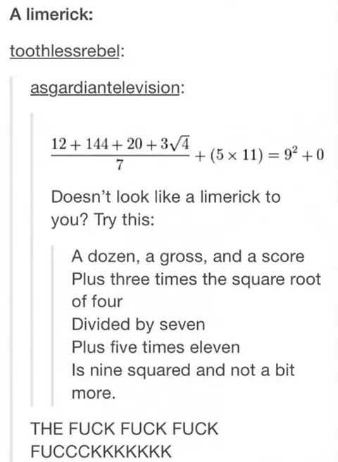 The image shows a screenshot of a text conversation where one user presents a complex-looking math equation as a 'limerick'…