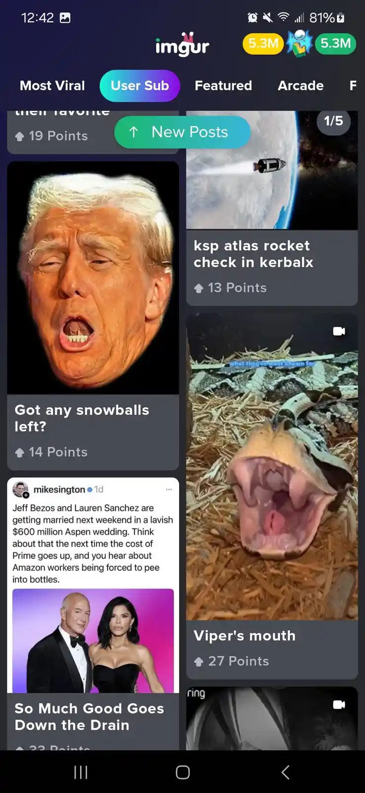 A screenshot of an Imgur page showing a post with a close-up photo of Donald Trump with his mouth open, overlaid with the…