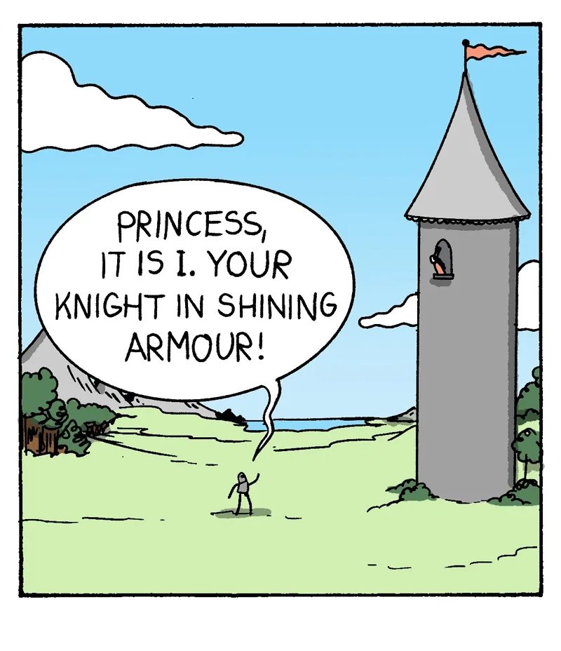 A cartoon depicts a lone knight in shining armor standing in a grassy field before a castle tower, shouting into a speech…