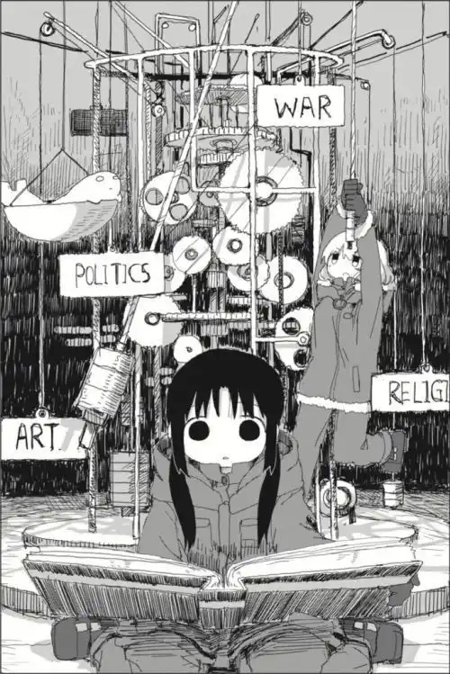 A black-and-white manga-style illustration shows a young girl with large eyes sitting on the ground reading a book…