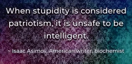 A dark, ornate damask patterned background in purples and blues features white text quoting Isaac Asimov: 'When stupidity is…