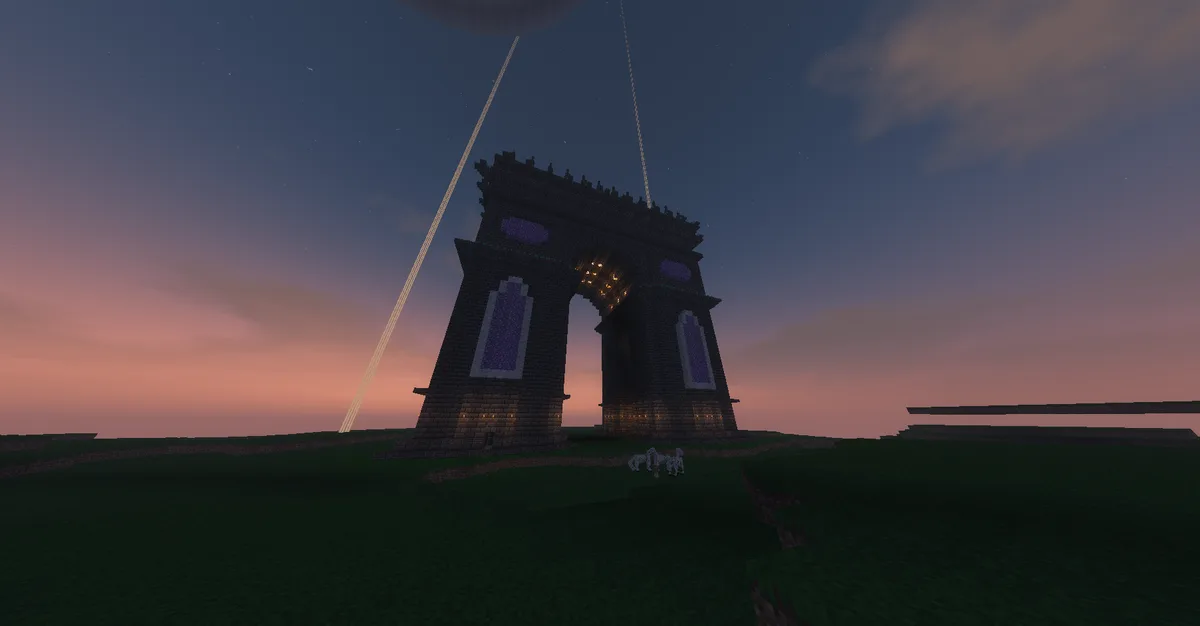 A Minecraft screenshot shows a large, ornate stone archway with glowing purple blocks and torches, set against a twilight…
