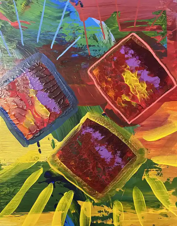 A colorful abstract painting depicts three square-shaped, textured objects resembling ice cubes or gems with cracked…