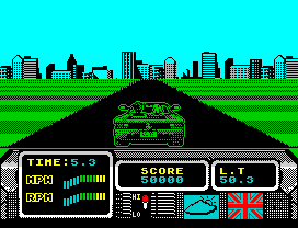 Three identical screenshots of a retro video game showing a tank driving down a road toward a city skyline, with a heads-up…