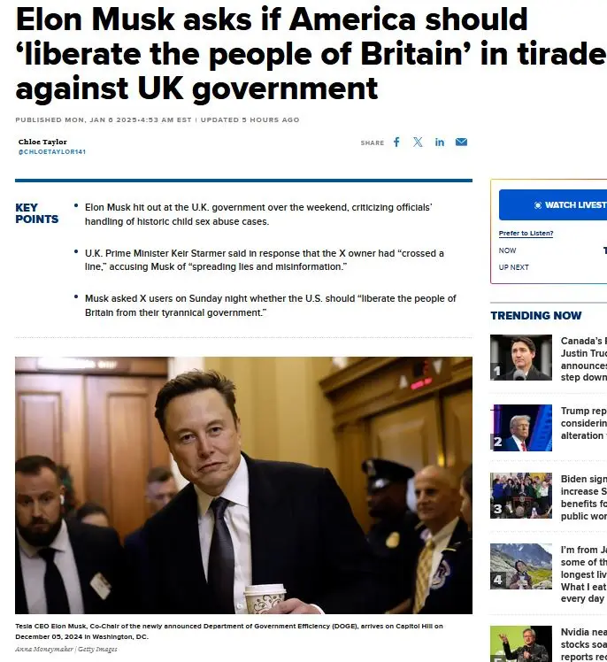 A screenshot of a news article headline about Elon Musk asking if America should 'liberate the people of Britain' in a…