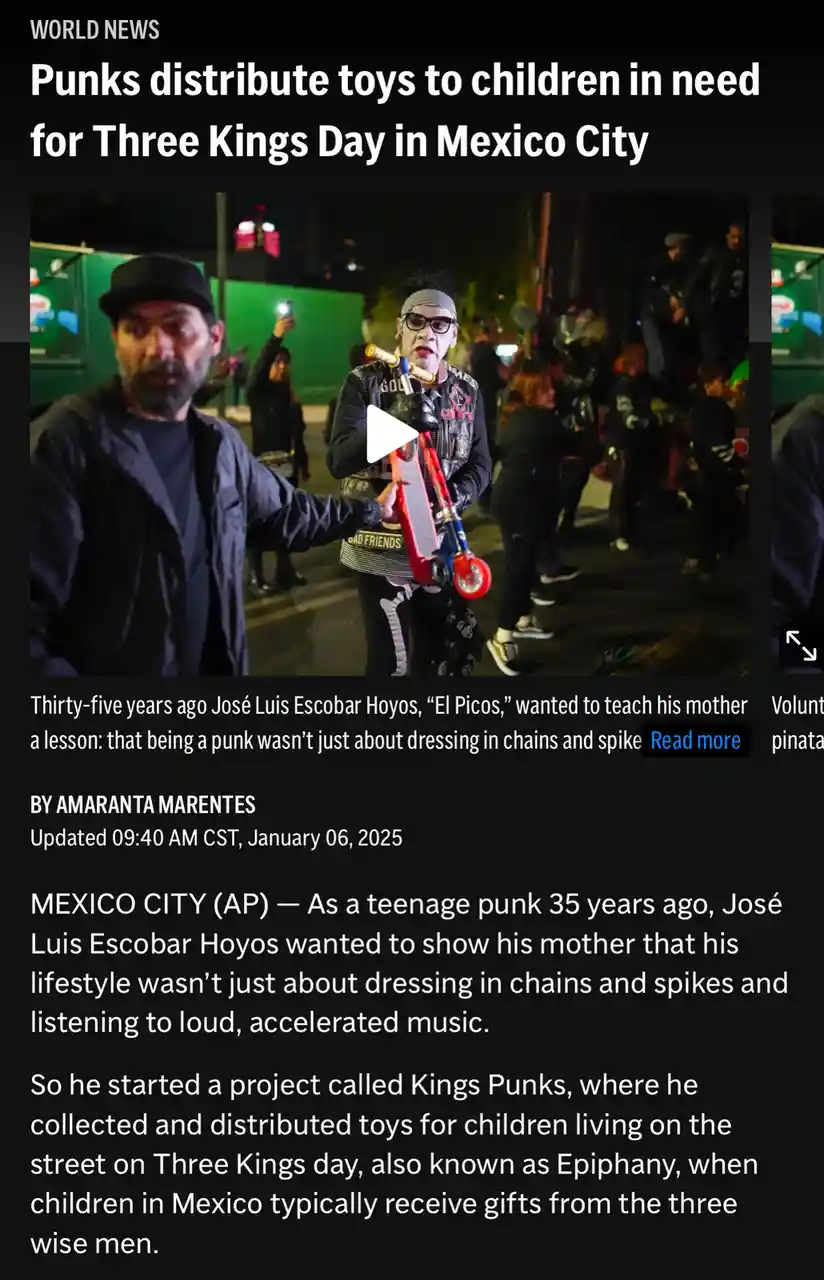 A news article screenshot shows two men at night, one in punk attire holding a scooter, with the headline 'Punks distribute…