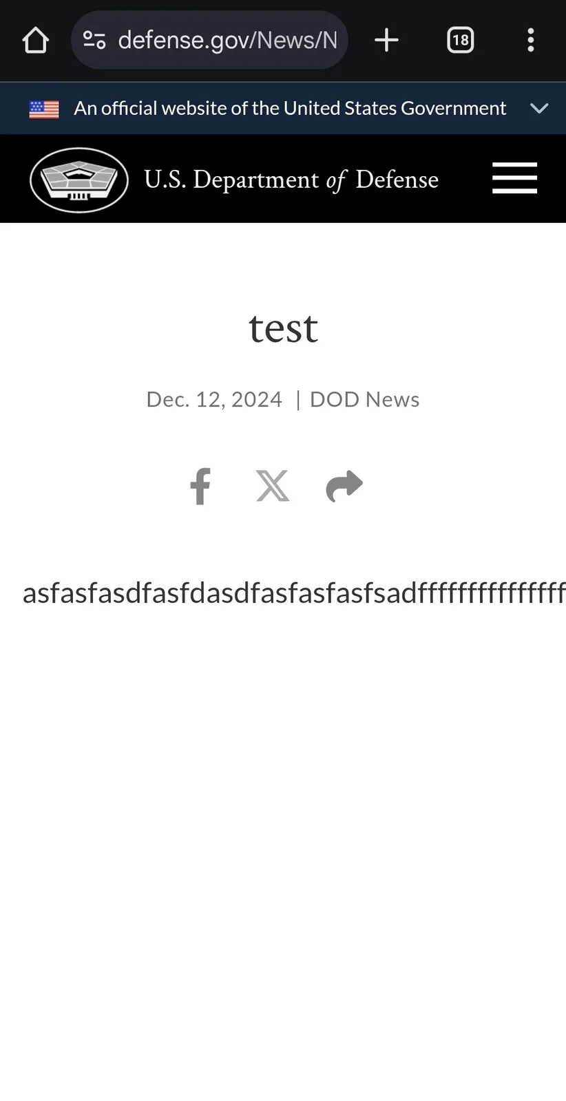 A screenshot of a U.S. Department of Defense news page shows a headline 'test' dated Dec. 12, 2024, with a body of text…