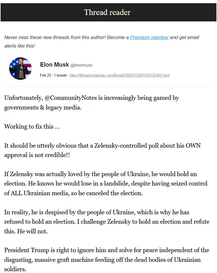 A screenshot of a tweet from Elon Musk, displayed in a 'Thread reader' interface, where he criticizes Zelensky's control…