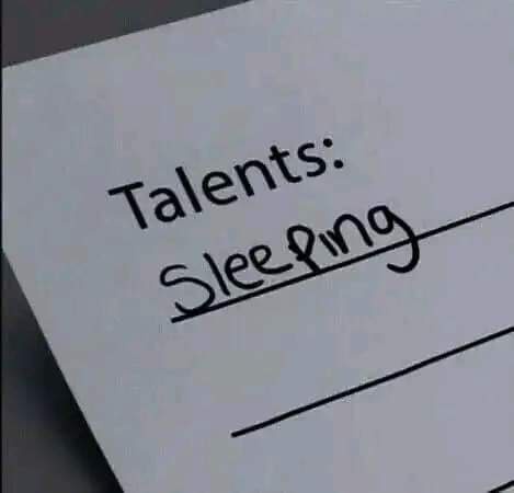 A close-up of a form with the printed heading 'Talents:' followed by the handwritten word 'Sleeping' underlined. The image…